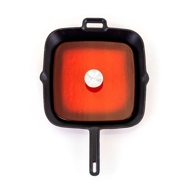 MegaChef 11" Square Red Enamel Cast Iron Grill Pan with Matching Grill Press