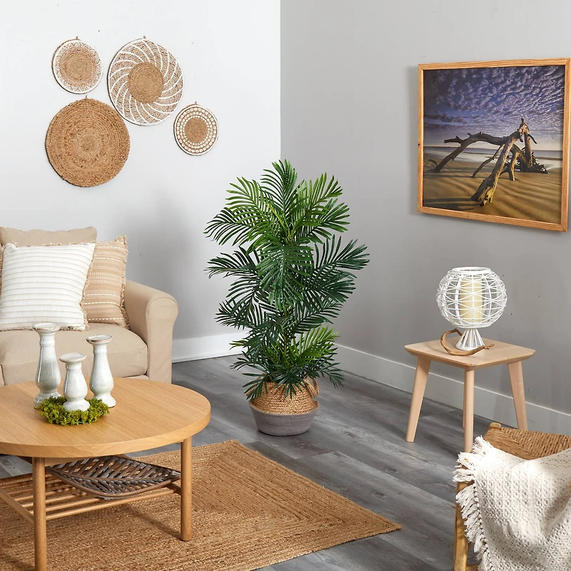 4ft. Areca Artificial Palm Tree in Boho Chic Handmade Cotton & Jute Gray Woven Planter UV Resistant (Indoor/Outdoor)