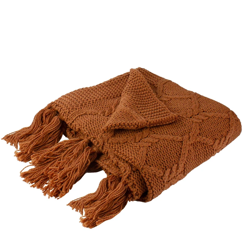 Golden Ochre Knit Throw Blanket With Tassels