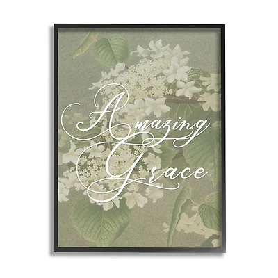 Stupell Industries Amazing Grace Phrase Vintage White Flower Blossoms Framed Wall Art