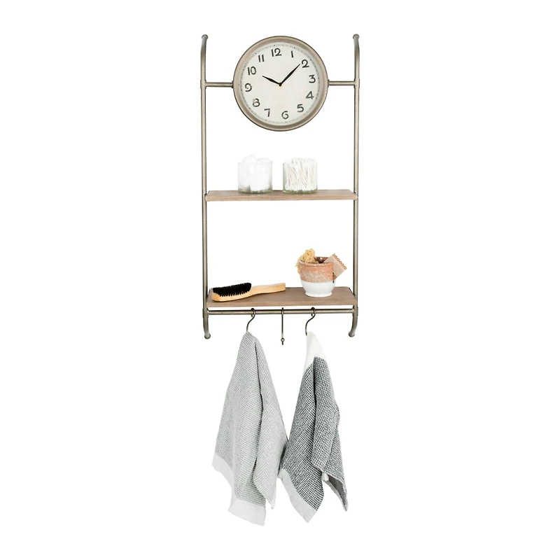 Hello Honey® Gold Wall Clock with 2 Shelves & 3 Hooks