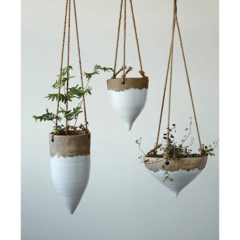 Hello Honey® 8.5" White Stoneware Hanging Planter with Jute Rope
