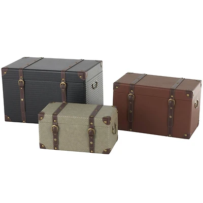Multicolor Vintage Studded Woven Storage Trunk with Brown Buckle Straps Set