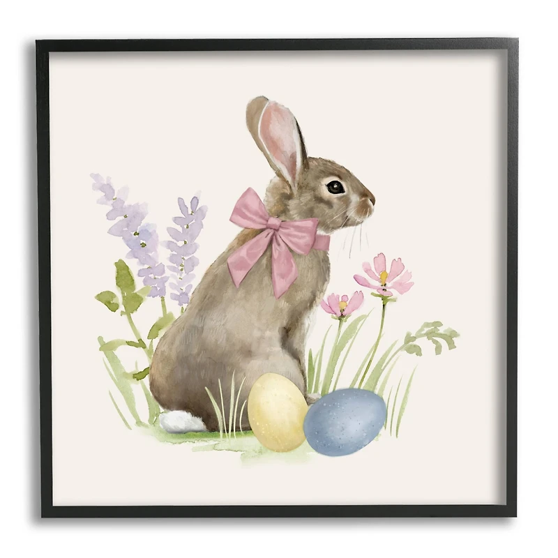 Stupell Industries Easter Bunny Rabbit Bow Spring Flowers & Eggs Framed Giclee Art