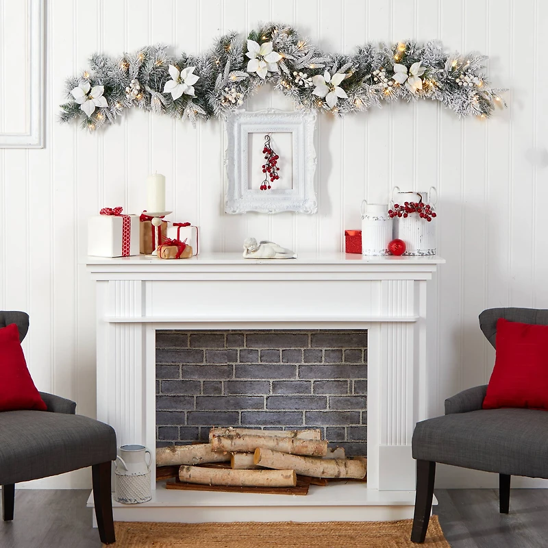 6ft. Pre-Lit LED Flocked Poinsettia & Berry Christmas Garland