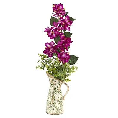 27" Bougainvillea and Eucalyptus Artificial Arrangement in Floral Pitcher