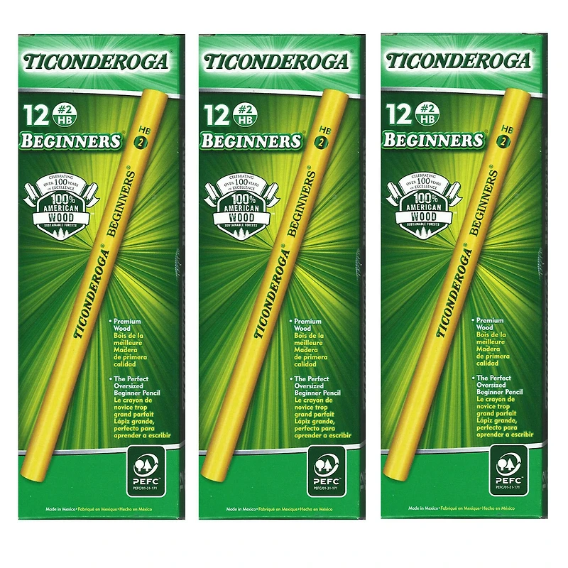 Ticonderoga® Beginners® Pencils without Eraser, 3 Packs of 12