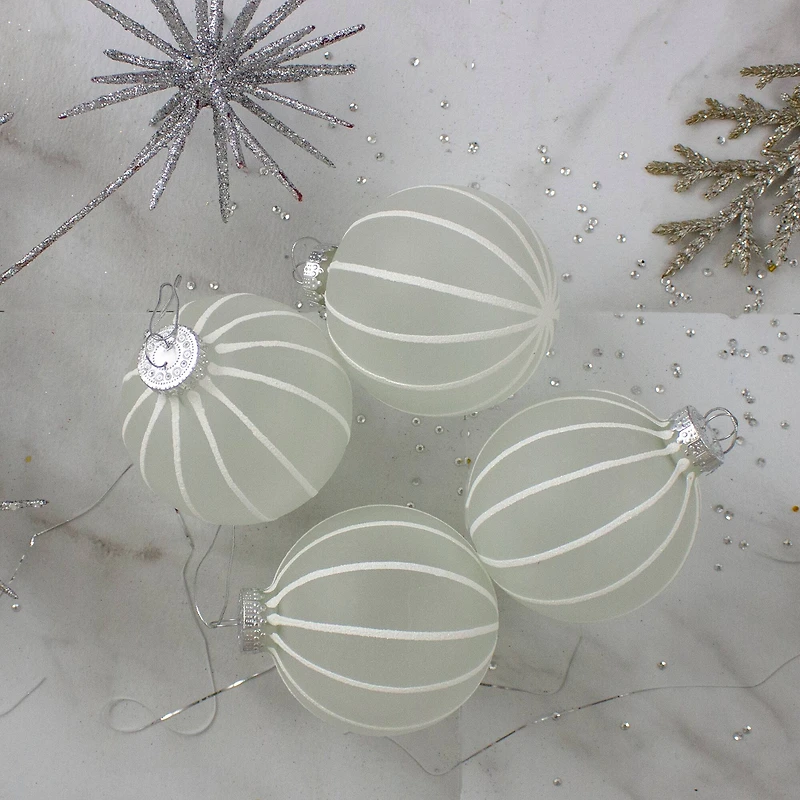 4ct. 3.5" Frosted Glitter White Striped Glass Ball Ornaments