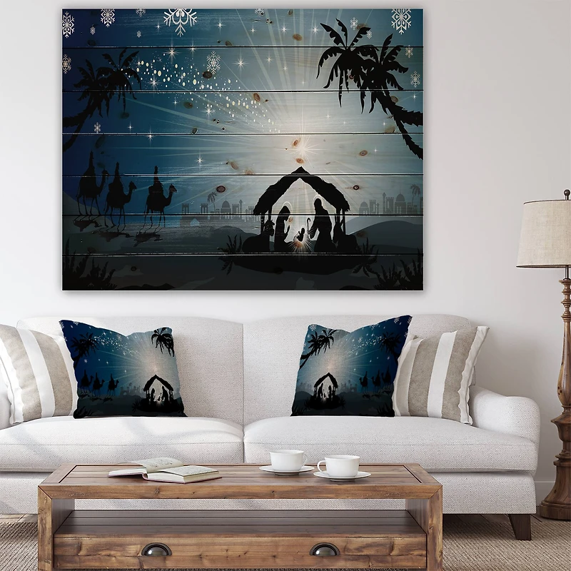 Designart Christmas Nativity Scene with Three Wise Men Print on Natural Pine Wood