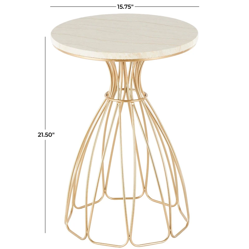 21.5" Gold Metal Flower Inspired Accent Table with Cream Marble Tabletop