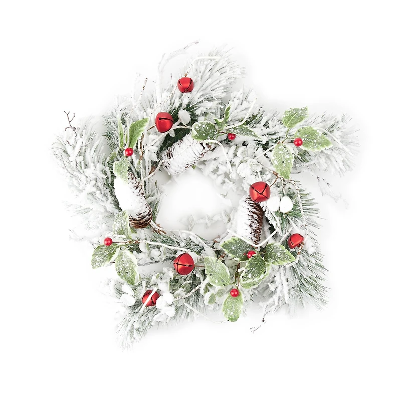 18" Flocked Pine, Holly Leaf & Sleigh Bell Candle Ring