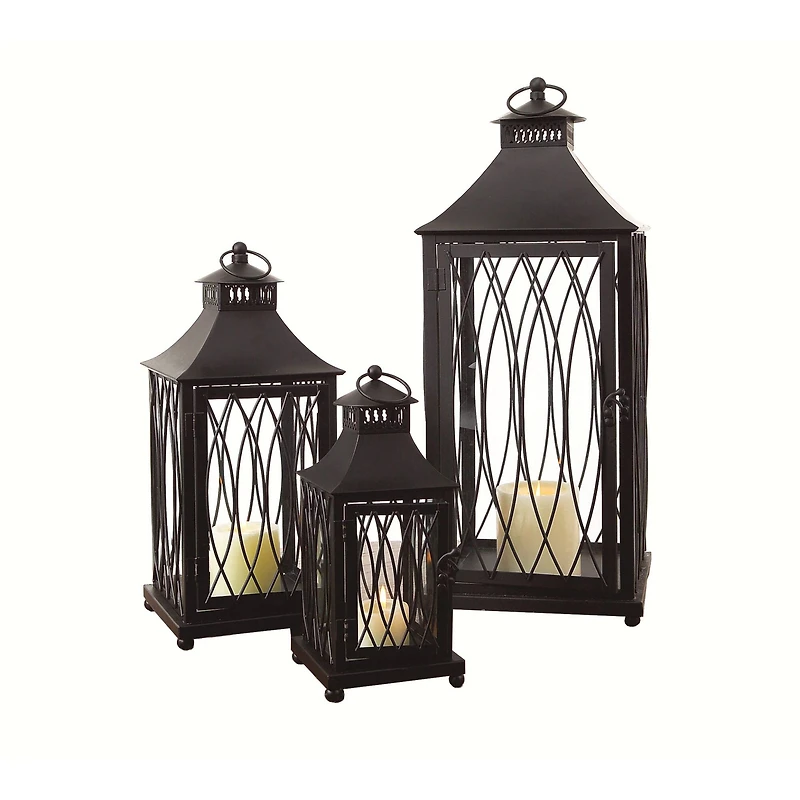 Contemporary Black Metal Lantern Set, 11", 16" & 23"