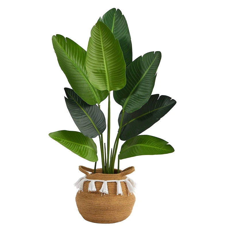 4ft. Travelers Palm Artificial Tree in Boho Chic Handmade Natural Cotton Woven Planter with Tassels