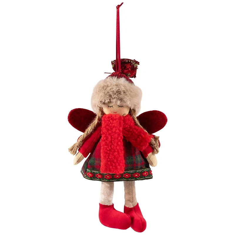 Plaid Angel Girl with Jute Pigtails  Christmas Ornament - 8.5" - Red and Beige
