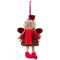 Plaid Angel Girl with Jute Pigtails  Christmas Ornament - 8.5" - Red and Beige