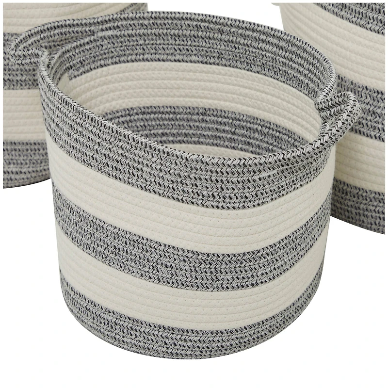 Gray Cotton Handmade Striped Storage Basket with Handles Set of 3 14", 12", 10"