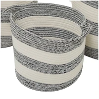 Gray Cotton Handmade Striped Storage Basket with Handles Set of 3 14", 12", 10"