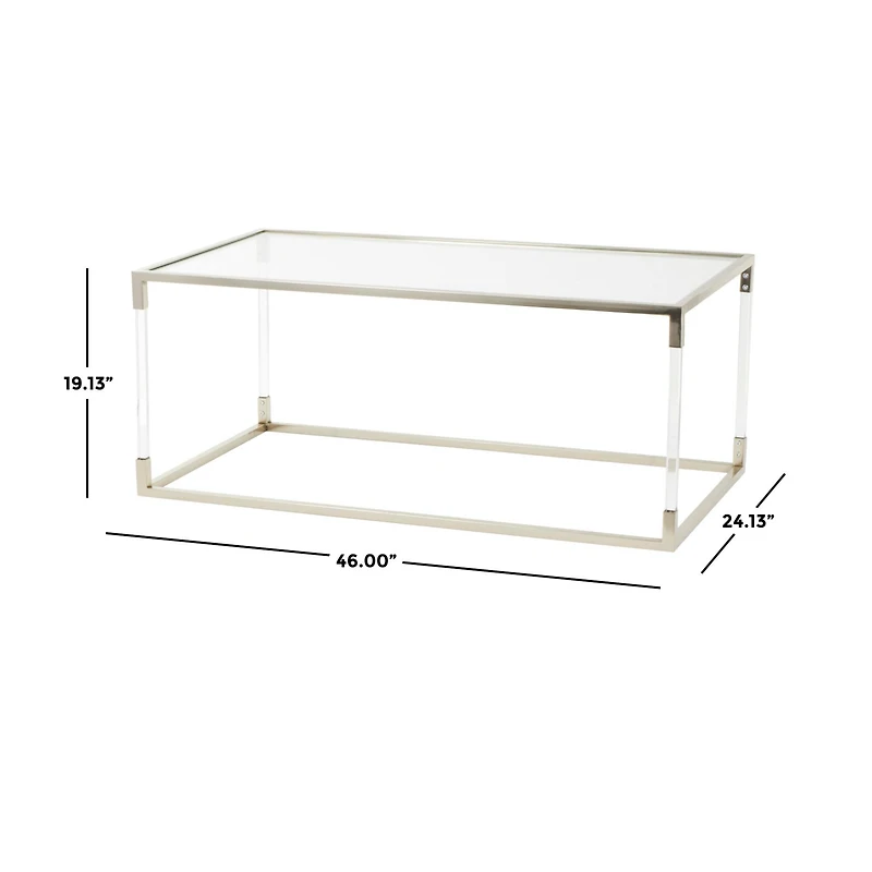 46" Silver Metal Minimalistic Open Framed Living Room Coffee Table with Clear Glass Top & Acrylic Legs