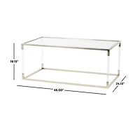 46" Silver Metal Minimalistic Open Framed Living Room Coffee Table with Clear Glass Top & Acrylic Legs