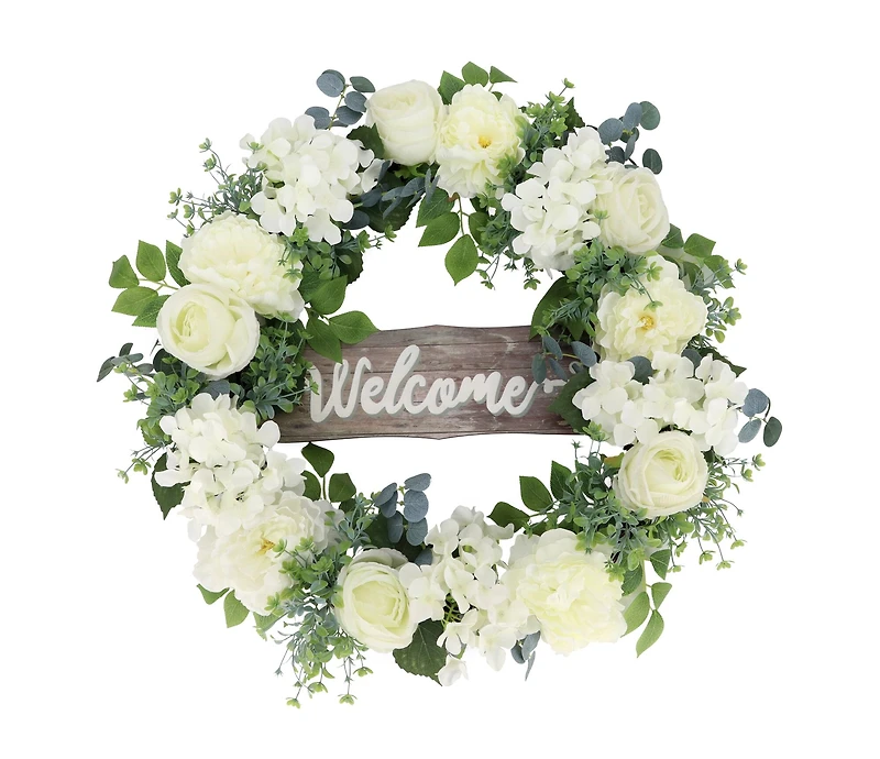 26" Artificial Peony, Hydrangea & Rose Floral Spring Wreath with Wood Welcome Sign