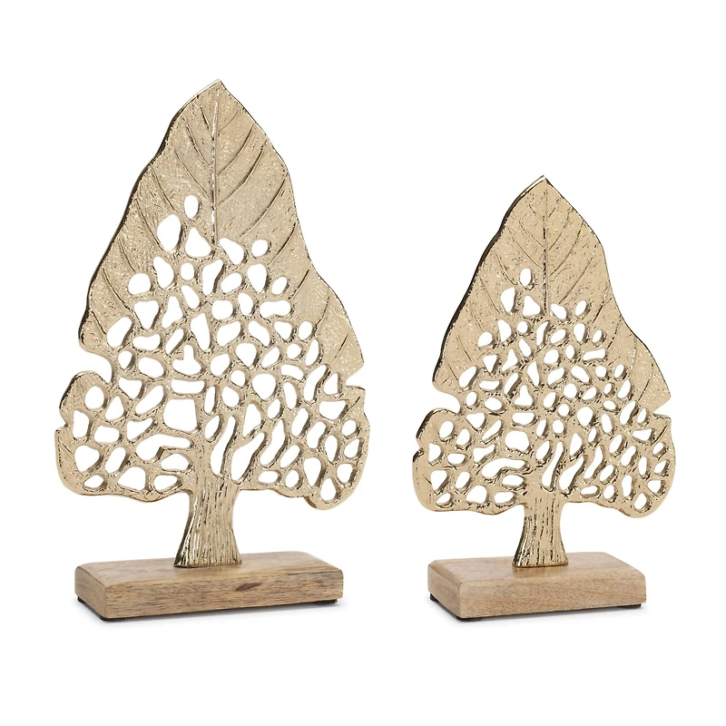 Gold Modern Metal Leaf Tree on Wood Base Set
