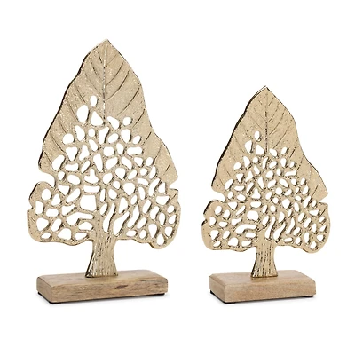 Gold Modern Metal Leaf Tree on Wood Base Set