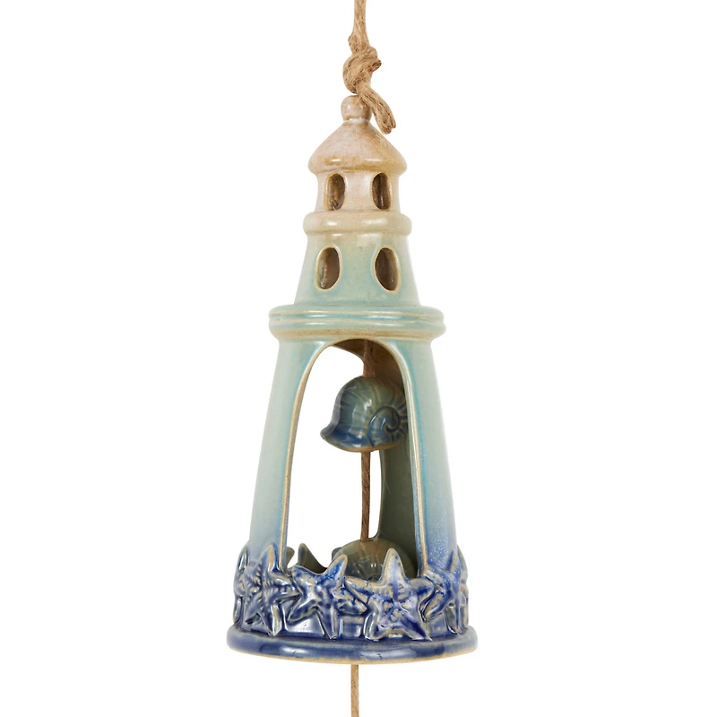 23" Blue Ceramic Light House Ombre Windchime with Shell & Starfish Accents