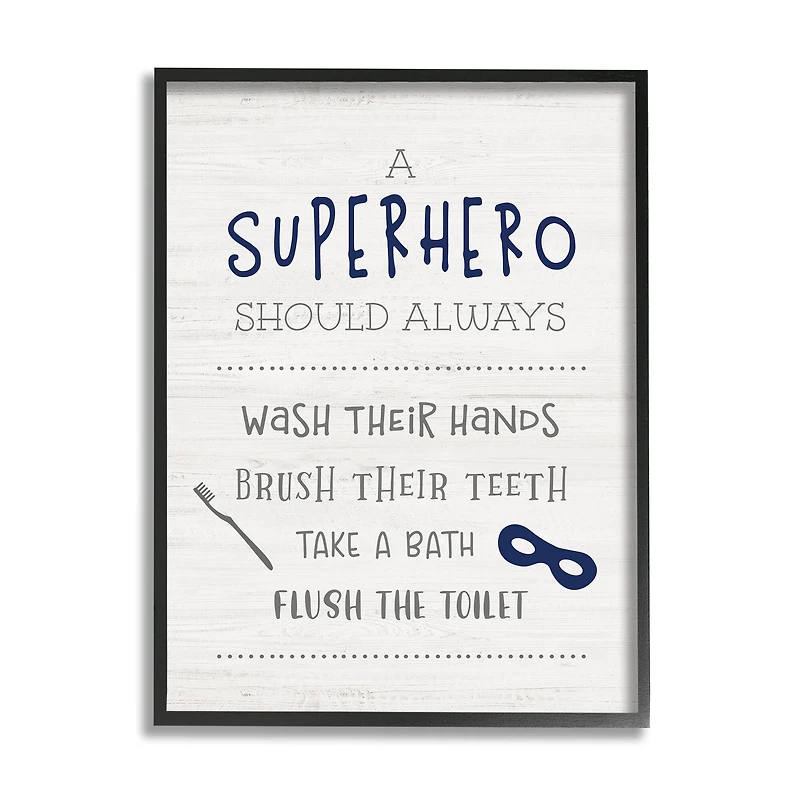Stupell Industries Superhero Bathroom Rules Good Hygiene Phrases Blue Mask Framed Wall Art