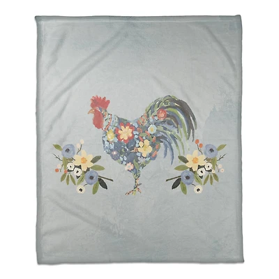 50" x 60" Blue Floral Rooster Collage Coral Fleece Blanket