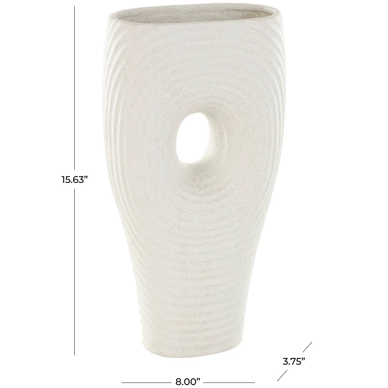 16" White Speckled Ceramic Ribbed Cutout Vase