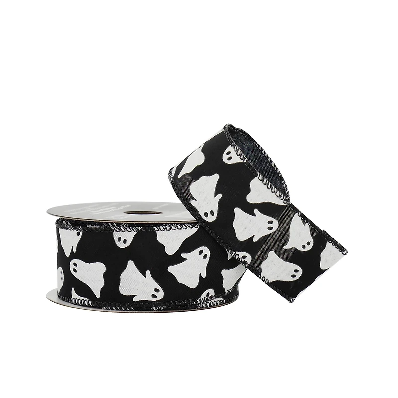 1.5" x 10yd. Black & White Ghost Wired Taffeta Ribbon by Celebrate It® Halloween