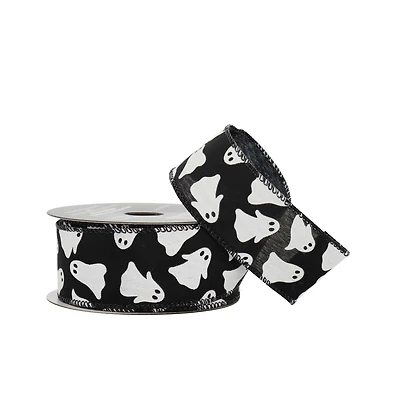 1.5" x 10yd. Black & White Ghost Wired Taffeta Ribbon by Celebrate It® Halloween