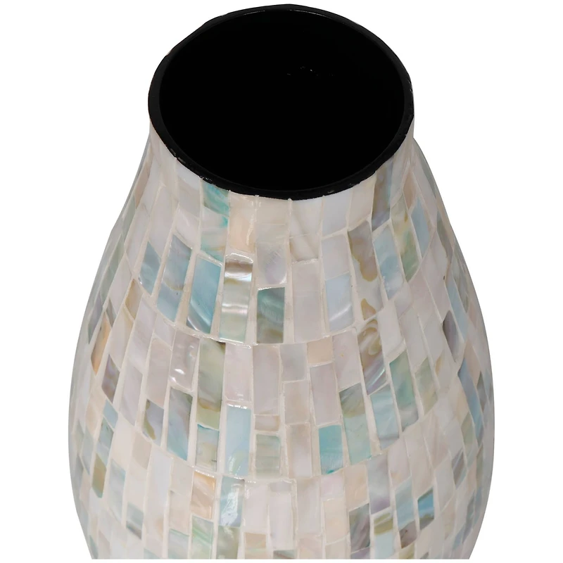 19" White Mother of Pearl Handmade Mosaic Inspired Vase with Pastel Blue & Pink Accents