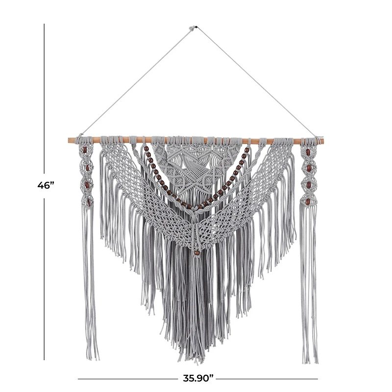 Gray Cotton Handmade Intricately Weaved Macrame Wall Decor with Beaded Fringe Tassels 36" x 1" x 46"