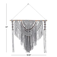 Gray Cotton Handmade Intricately Weaved Macrame Wall Decor with Beaded Fringe Tassels 36" x 1" x 46"