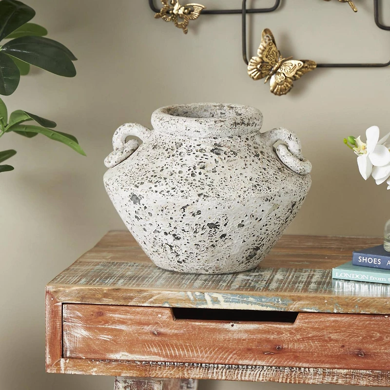 14" White Antique-Style Textured Ceramic Vase with Ring Handles