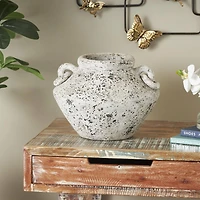 14" White Antique-Style Textured Ceramic Vase with Ring Handles