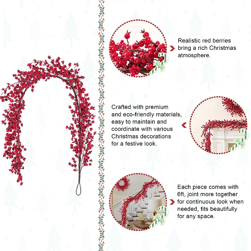 Glitzhome® 6ft Christmas Red Berries Garland