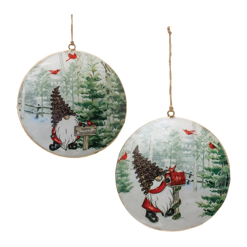 6" Gnome Cardinal Forest Metal Disc Ornaments Set