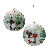 6" Gnome Cardinal Forest Metal Disc Ornaments Set