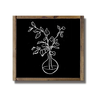 Black & White Line Floral Framed Wood Plaque