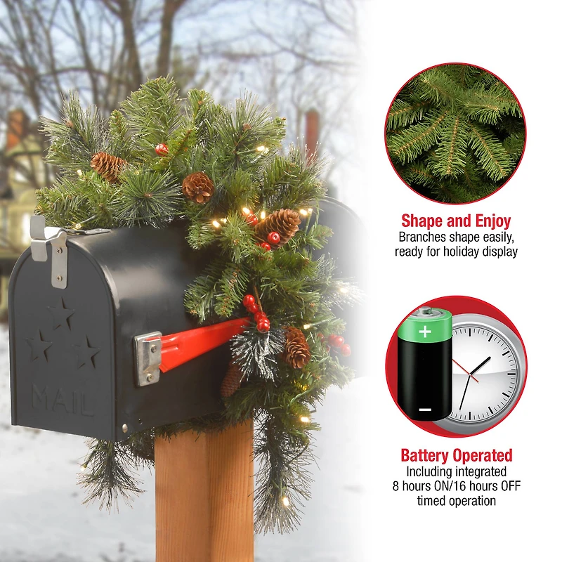 3ft. Pre-lit Crestwood Spruce Artificial Christmas Mailbox Cover with Silver Bristle, Cones, Red Berries, Glitter and Warm White LED Lights