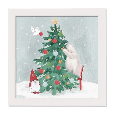 Christmas Creatures Tree Decorating White Framed Canvas Wall Art