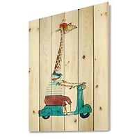 Designart - Giraffe Dressed Up Wearing Helmet & Riding Scooter - Children's Art Print on Natural Pine Wood