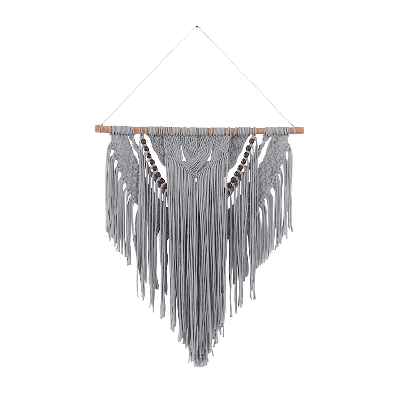 Gray Cotton Handmade Intricately Weaved Macrame Wall Decor with Beaded Fringe Tassels 27" x 1" x 42"