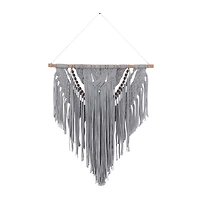 Gray Cotton Handmade Intricately Weaved Macrame Wall Decor with Beaded Fringe Tassels 27" x 1" x 42"
