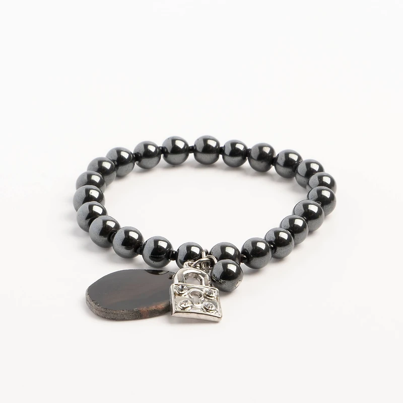 John Bead Hematite Gray Natural Stone Bracelet with Agate & Lock Charm