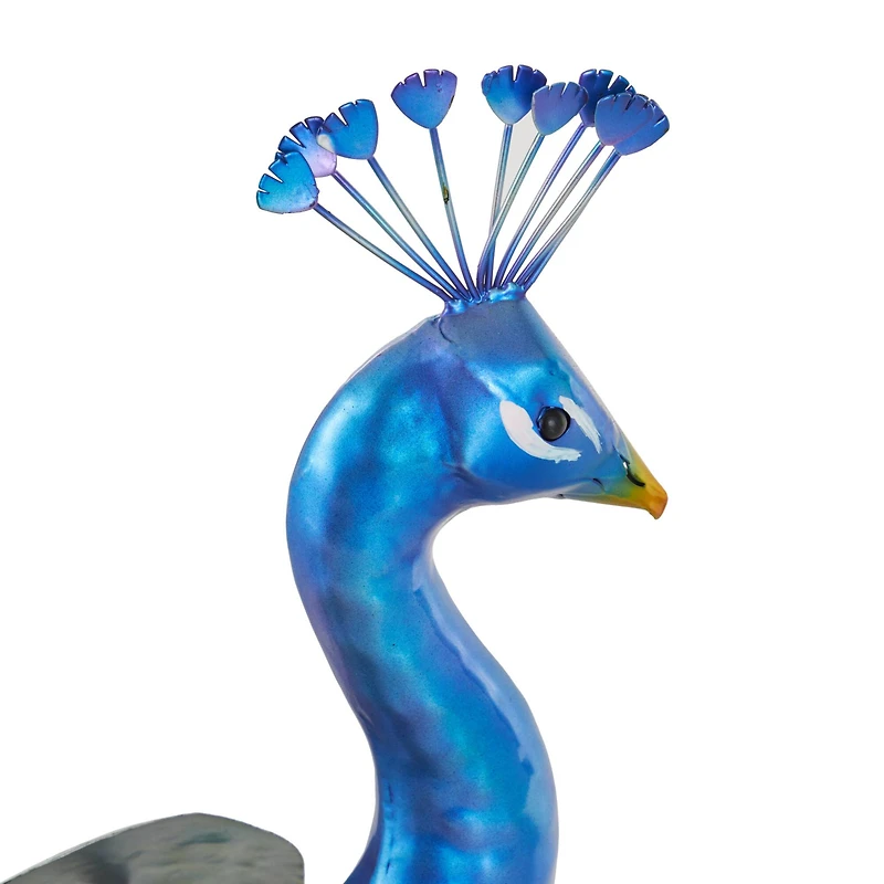 Blue Metal Peacock Decorative Garden Sculpture with Gold Legs and Teal Wings
