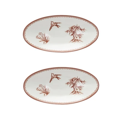 Hello Honey® 9.75" Cream & Brown Vintage Bird & Botanicals Stoneware Oval Plates, 2ct.