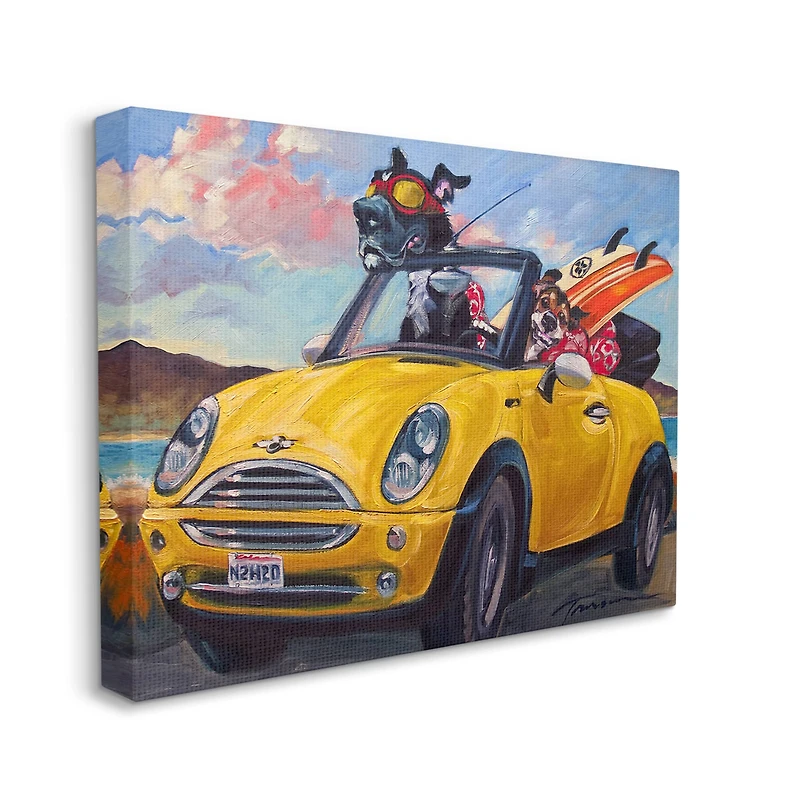 Stupell Industries Pet Dogs Yellow Convertible Surfboard Beach Car Canvas Wall Art